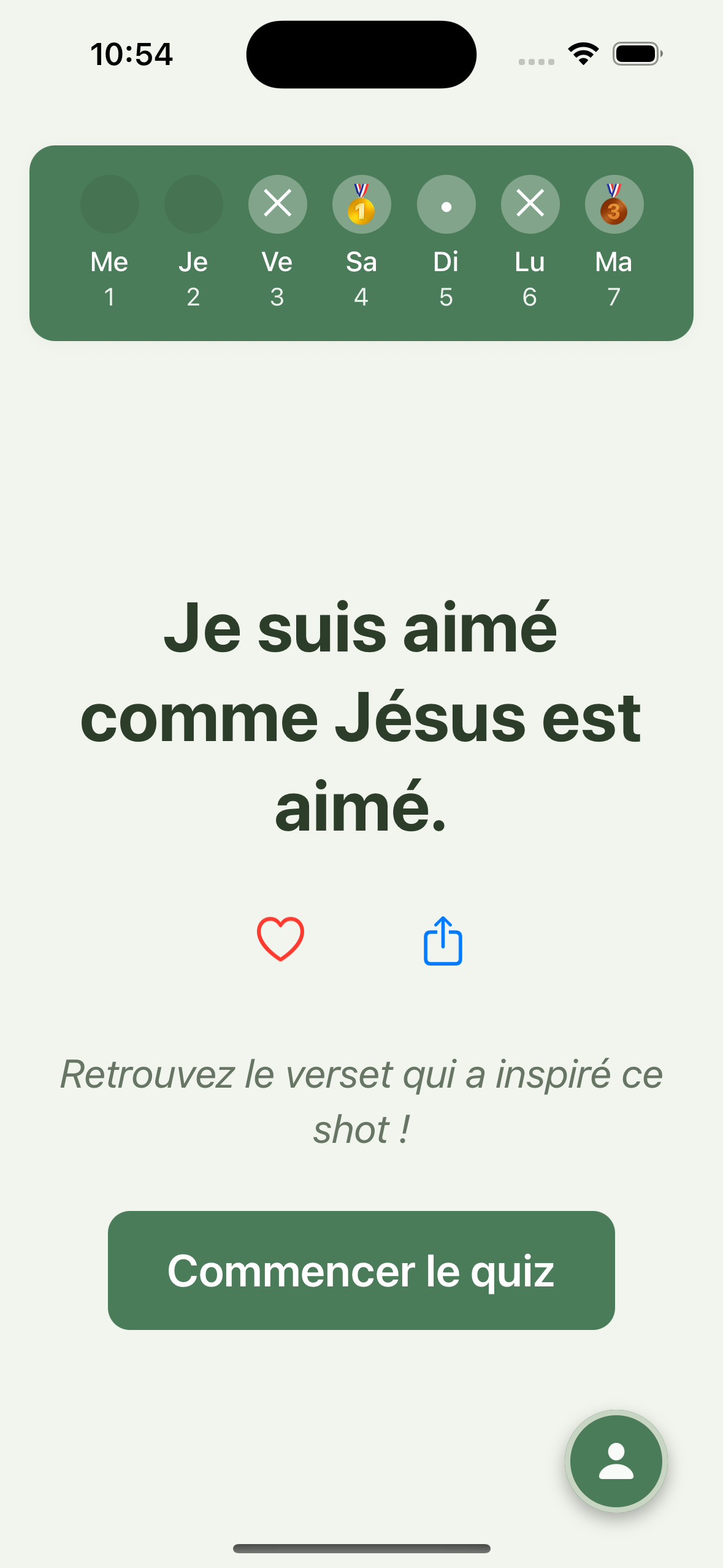 Écran d'accueil BibleShot avec shot quotidien